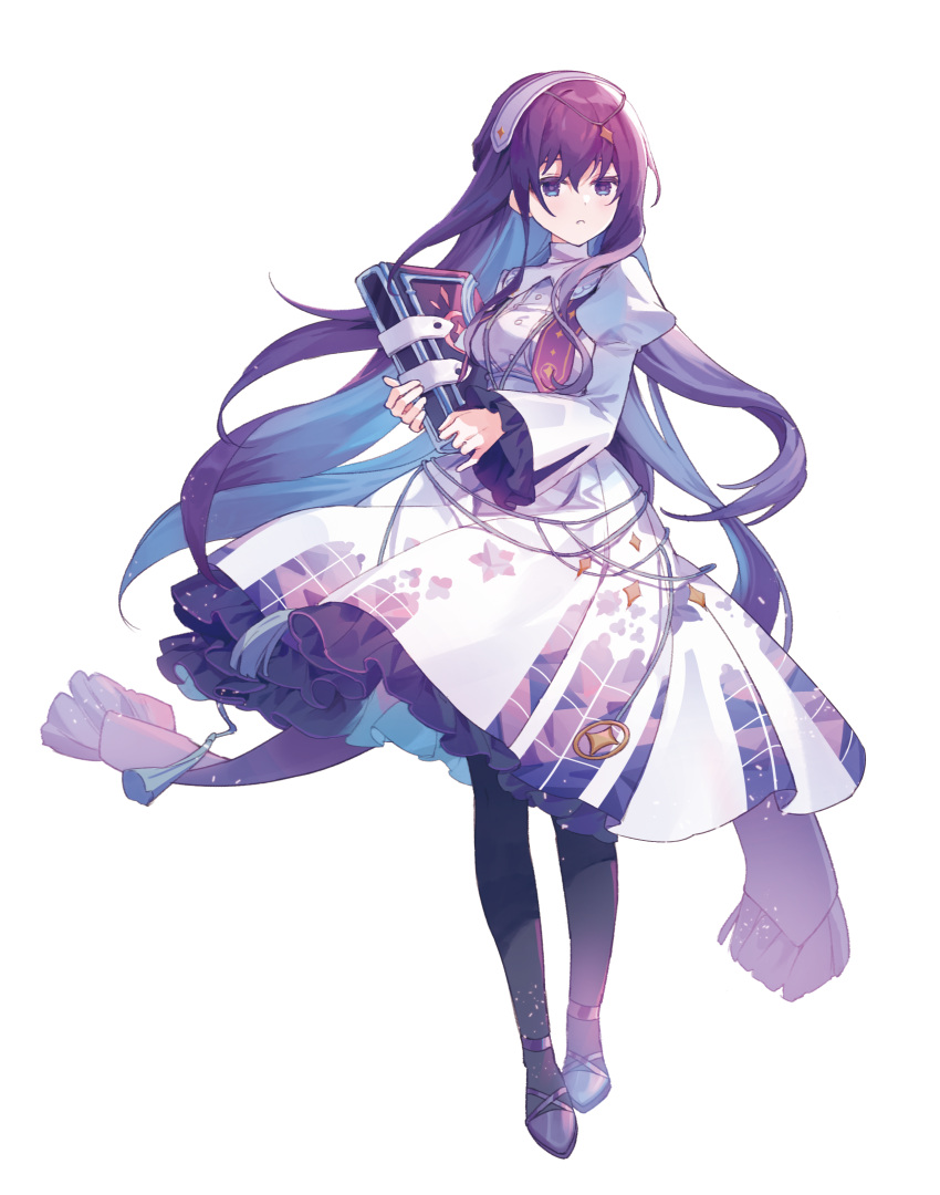 1girl absurdres asahina_mafuyu book dress frilled_dress frilled_sleeves frills full_body hairband highres holding holding_book juliet_sleeves long_hair long_sleeves pantyhose project_sekai puffy_sleeves purple_eyes purple_footwear purple_hair purple_pantyhose sha_(nz2) shoes simple_background solo stained_glass_print standing very_long_hair white_background white_hairband wide_sleeves