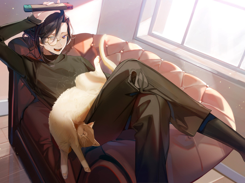 1boy :d animal_on_stomach atten black_hair black_pants black_shirt black_socks cat couch crossed_legs feet_out_of_frame hair_between_eyes hair_bun hand_up handheld_game_console highres holding holding_handheld_game_console indoors light_particles long_hair long_sleeves looking_at_animal male_focus monocle nijisanji on_couch pants parted_bangs reclining shellin_burgundy shirt single_hair_bun sitting_sideways smile socks solo sweatdrop teeth turtleneck virtual_youtuber window wooden_floor yellow_eyes