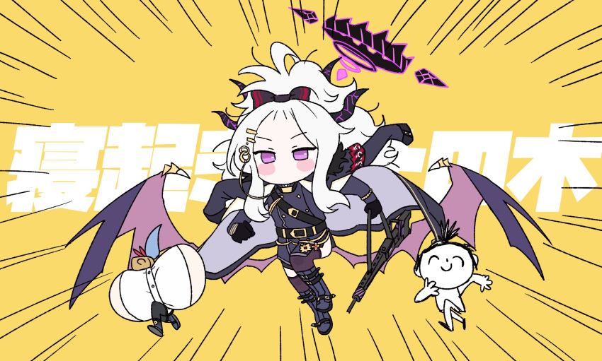 1boy 2girls ahoge ako_(blue_archive) arona's_sensei_doodle_(blue_archive) black_coat black_gloves black_skirt black_thighhighs blue_archive boots breasts chibi chibi_inset coat coat_on_shoulders commentary_request demon_girl demon_horns demon_wings forehead full_body fur-trimmed_coat fur_trim gloves hair_ornament hair_ribbon hairclip halo highres horns imucy knee_boots kyoufuu_all_back_(vocaloid) long_hair long_sleeves looking_at_viewer military_uniform multiple_girls open_clothes open_coat parody parted_bangs pencil_skirt ponytail purple_eyes red_armband ribbon running sensei_(blue_archive) sideboob sidelocks simple_background skirt thighhighs translation_request uniform wavy_hair white_hair wings yellow_background