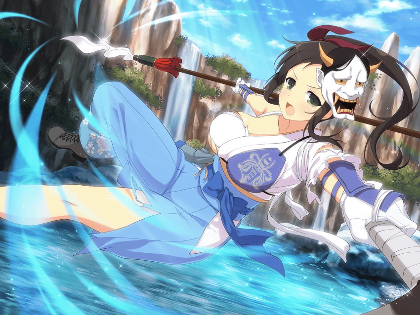1girl armband armor attack belt_pouch black_hair blue_bow blue_hakama blue_sky boots bow breasts cleaver cliff cloud collarbone cross-laced_footwear day dual_wielding energy floral_print frilled_kimono frills gloves grass green_eyes hair_ribbon hakama hannya highres hip_vent holding holding_polearm holding_weapon japanese_armor japanese_clothes jumping kimono kote large_breasts legs long_hair looking_at_viewer mask mask_on_head muneate murakumo_(senran_kagura) obi official_art oni_mask open_mouth outdoors polearm pouch ribbon river sash senran_kagura senran_kagura_new_link senran_kagura_shinovi_versus side_ponytail sky sparkle spear tassel torn_clothes torn_hakama torn_kimono underboob uniform water waterfall weapon white_gloves yaegashi_nan