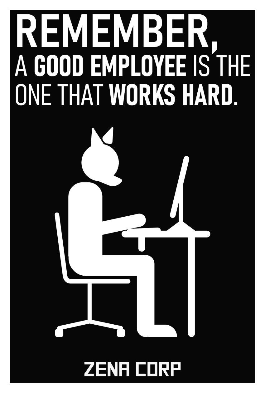 ambiguous_gender anthro biped black_and_white canid canine chair computer computer_keyboard computer_monitor english_text furniture hi_res lucid_creations_inc mammal minimalist monochrome office_chair office_desk on_chair oppression_(novel) pictogram poster propaganda propaganda_poster simple_background simple_coloring sitting sitting_on_chair solo text vector wolfnes