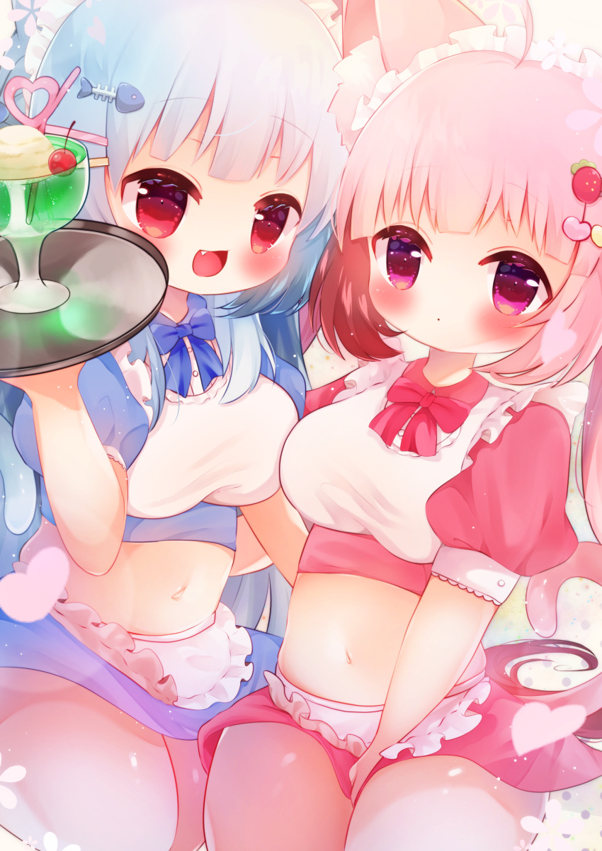 2girls :d absurdres ahoge animal_ears apron blue_bow blue_hair blue_skirt borrowed_character bow breasts buttons cowboy_shot crop_top dot_mouth fang fish_hair_ornament food-themed_hair_ornament hair_ornament hand_up heart heart_hair_ornament highres holding holding_tray kamekko long_hair medium_breasts midriff multiple_girls navel original pink_bow pink_eyes pink_hair pink_skirt puffy_short_sleeves puffy_sleeves red_eyes shirt short_sleeves skirt smile stomach strawberry_hair_ornament thick_thighs thighs tray white_apron white_shirt wispy_bangs