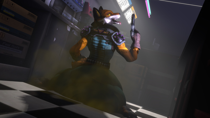 16:9 3d_(artwork) anthro arm_tuft armwear black_clothing black_gloves black_handwear blue_jumpsuit bodysuit bristol_type_4 brown_fart_cloud canid canine clothed clothing digital_media_(artwork) ear_tuft epic_games excessive_feces fart fart_cloud feces fennix_(fortnite) floor fortnite fox fur gloves gun handgun handwear hi_res hyper hyper_feces jumpsuit looking_at_viewer male mammal markings orange_body orange_fur orange_tail pistol ranged_weapon rear_view red_fox scat skinsuit sleeveless smelly soiling soiling_pants solo source_filmmaker starbucke suit tail tail_markings tight_clothing tile tile_floor tuft weapon widescreen