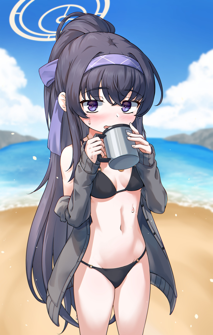 1girl :d absurdres beach bikini black_bikini black_hair blue_archive blue_sky blurry blush bow breasts cardigan cleavage cloud cloudy_sky coffee_mug commentary_request cup depth_of_field grey_cardigan groin hair_between_eyes hair_bow hair_ribbon hairband halo highres holding holding_cup horizon jewelry long_hair long_sleeves looking_at_viewer mug navel necklace ocean official_alternate_costume official_alternate_hairstyle open_cardigan open_clothes outdoors pendant ponytail purple_eyes ribbon sidelocks sky sleeveless small_breasts smile solo ssalyun stomach sweatdrop swimsuit ui_(blue_archive) ui_(swimsuit)_(blue_archive)