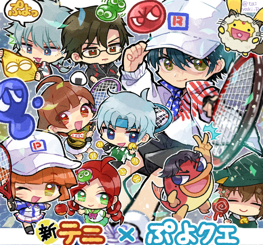 3girls 6+boys adjusting_clothes adjusting_headwear ahoge american_flag american_flag_print andou_ringo apple arle_nadja atari_(puyopuyo) ball baseball_cap black_hair black_shorts blue_eyes blue_headband bow brown_eyes brown_jacket carbuncle_(puyopuyo) closed_mouth cosplay doradorakingyo drill_hair echizen_ryooma echizen_ryooma_(cosplay) flag_print food foreshortening fruit fuji_shuusuke glasses green_eyes green_skirt grey_hair hair_ornament hairclip hat headband holding holding_ball holding_tennis_racket jacket lemres_(puyopuyo) lemres_(puyopuyo)_(cosplay) looking_at_viewer multiple_boys multiple_girls niou_masaharu onigiri ponytail purple_bow puyo_(puyopuyo) puyopuyo puyopuyo_quest red_eyes schezo_wegey school_uniform serafuku shirt short_hair shorts skirt smile socks star_in_mouth suketoudara tennis_ball tennis_no_ouji-sama tezuka_kunimitsu twin_drills white_headwear white_shirt white_skirt white_socks