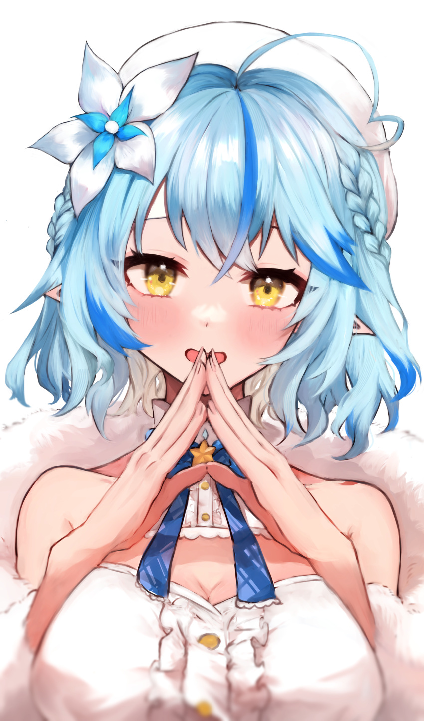 1girl :d absurdres ahoge bare_shoulders beret blue_hair blush bow bowtie breasts cleavage cleavage_cutout clothing_cutout commentary_request flower fur_trim hair_flower hair_ornament hat highres hololive large_breasts long_hair looking_at_viewer mashiro_io pointy_ears smile solo star_ornament steepled_fingers swept_bangs upper_body virtual_youtuber yellow_eyes yukihana_lamy yukihana_lamy_(1st_costume)