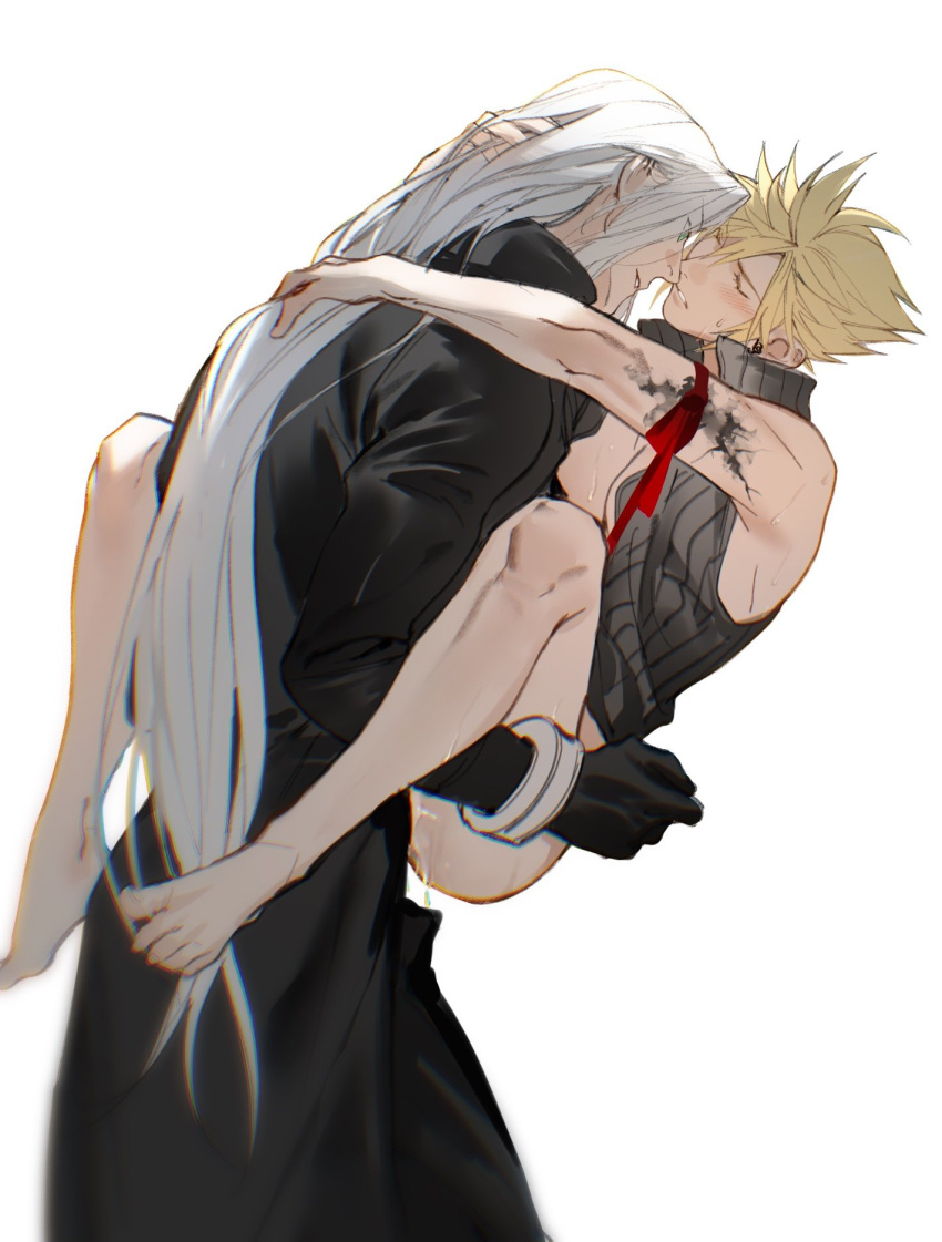 2boys anal arm_ribbon bare_legs barefoot black_coat black_gloves black_vest blonde_hair blush bracer clothed_sex cloud_strife coat cum cum_in_ass earrings feet final_fantasy final_fantasy_vii final_fantasy_vii_advent_children gloves grey_hair high_collar highres imminent_kiss injury jewelry knees_up legs lifting_person long_coat long_hair long_sleeves male_focus multiple_boys open_clothes open_vest red_ribbon ribbon sephiroth short_hair single_earring sleeveless sleeveless_turtleneck sweat toenails toes turtleneck vest xianyu314 yaoi