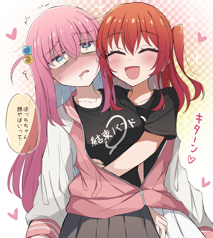 2girls :d @_@ ^_^ absurdres black_shirt black_skirt blue_eyes blush bocchi_the_rock! breasts checkered_background closed_eyes commentary cube_hair_ornament drooling eyes_visible_through_hair furrowed_brow gotou_hitori hair_between_eyes hair_ornament heart highres hug jacket kita_ikuyo long_hair long_sleeves medium_breasts meiji_(meizi493) miniskirt mouth_drool multiple_girls nervous one_side_up open_mouth pink_hair pink_jacket pleated_skirt red_hair rolling_eyes shaded_face shirt short_sleeves side_ponytail simple_background skirt smile sparkle speech_bubble sweat translation_request trembling very_long_hair white_background yuri