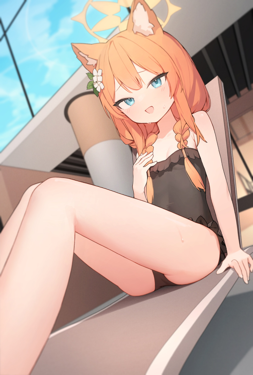 1girl :d absurdres animal_ear_fluff animal_ears arm_support black_one-piece_swimsuit blue_archive blue_eyes blue_sky blurry blurry_background blush braid casual_one-piece_swimsuit chair cloud collarbone commentary day depth_of_field doribae dutch_angle embarrassed feet_out_of_frame flat_chest flower foreshortening fox_ears fox_girl frilled_one-piece_swimsuit frills from_side hair_flower hair_ornament hair_over_shoulder hair_tubes halo hand_on_own_chest highres indoors knees_up leaf_hair_ornament legs long_hair looking_at_viewer lounge_chair low_twin_braids mari_(blue_archive) mari_(swimsuit)_(blue_archive) official_alternate_costume on_chair one-piece_swimsuit open_mouth orange_hair raised_eyebrows sidelocks sitting sky smile solo sweat swimsuit twin_braids white_flower window yellow_halo