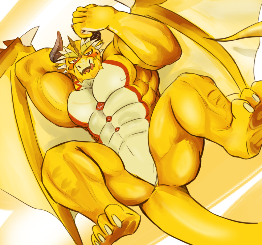 abs anthro biped blush brown_outline butt claws digital_media_(artwork) digital_painting_(artwork) dragon featureless_crotch hi_res horn invalid_tag lifewonders male muscular muscular_male null ophion outline pecs plantigrade solo sonypanda spread_legs spreading tokyo_afterschool_summoners wings yellow_theme