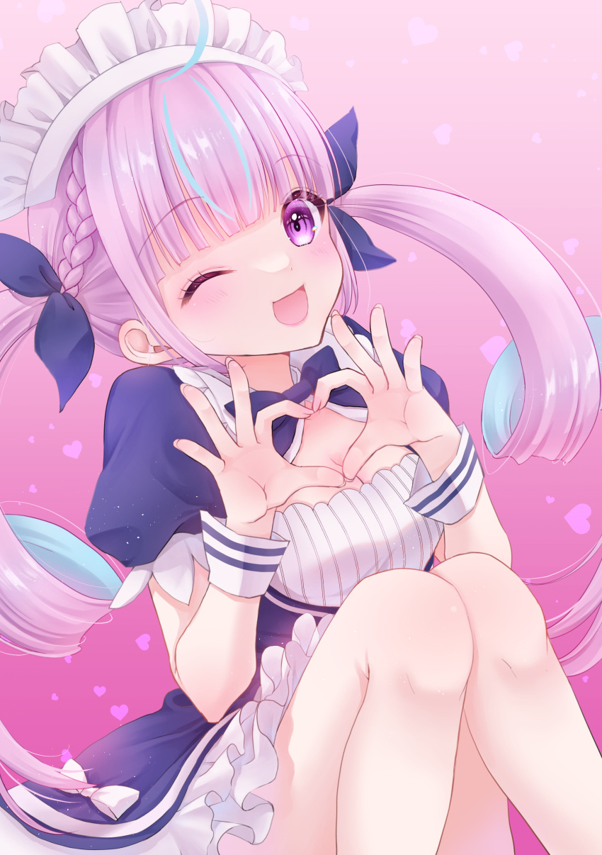 1girl absurdres ahoge blue_bow blue_bowtie blue_dress blue_hair blue_ribbon blunt_bangs bow bowtie braid breasts cleavage dress drill_hair feet_out_of_frame framed_breasts french_braid frilled_dress frills gradient_background hair_ribbon heart heart_background heart_hands highres hololive izumi_no_e knees_up long_hair looking_at_viewer maid maid_headdress minato_aqua minato_aqua_(1st_costume) multicolored_hair one_eye_closed open_mouth pink_background puffy_short_sleeves puffy_sleeves purple_eyes purple_hair ribbon short_sleeves sitting smile solo streaked_hair twin_drills twintails virtual_youtuber white_bow wrist_cuffs