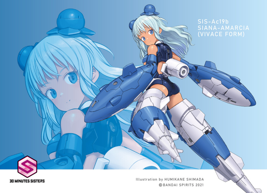 1girl 30_minutes_sisters ass back_cutout blue_eyes blue_hair blue_leotard blush breasts character_name clothing_cutout content_rating copyright_name dark-skinned_female dark_skin doll_joints english_text from_behind hair_behind_ear highres joints leotard long_hair looking_back mecha_musume medium_breasts official_art shimada_fumikane siana_amarcia smile solo thrusters underboob_cutout zoom_layer