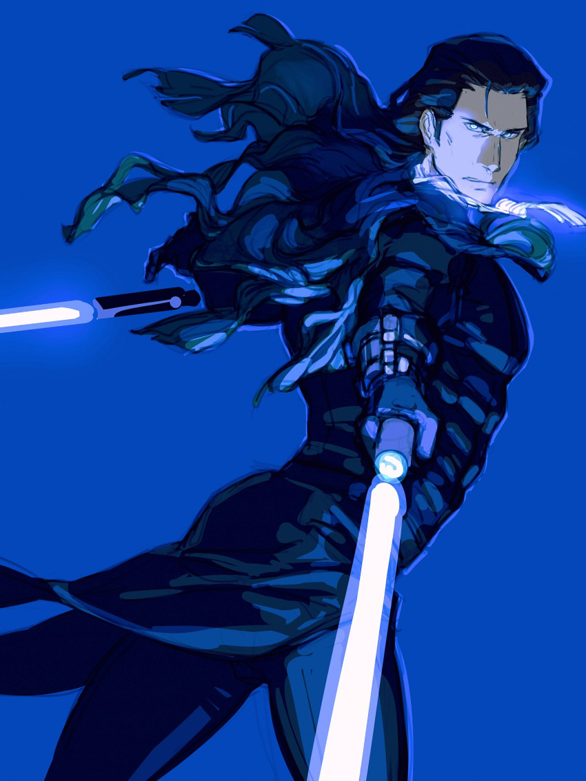 1boy black_bodysuit black_hair blue_background blue_eyes bodysuit cowboy_shot energy_sword fate/grand_order fate_(series) highres holding holding_lightsaber holding_sword holding_weapon lightsaber long_hair looking_at_viewer male_focus nikola_tesla_(fate) simple_background solo star_wars sword viscontiapclyps weapon