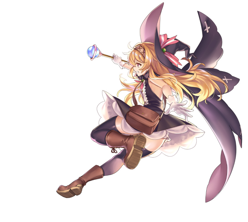 1girl breasts brown_footwear dress full_body gloves hair_between_eyes hairband hat highres holding holding_staff holding_weapon little_witch_nobeta long_hair nobeta official_art purple_thighhighs red_eyes scepter sideboob simple_background solo staff thighhighs transparent_background weapon white_gloves witch witch_hat zettai_ryouiki
