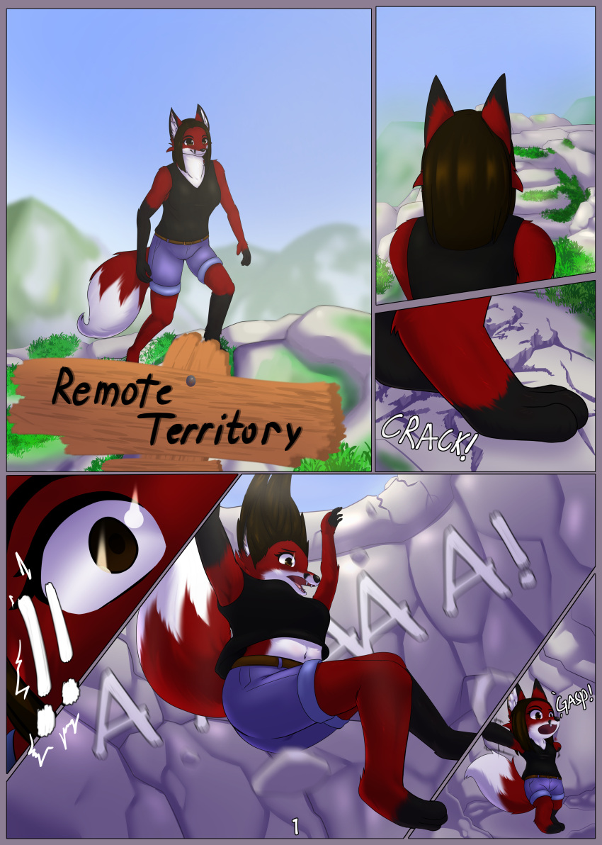 absurd_res anthro canid canine cave clothed clothing comic falling female fox grass hi_res hiking kata_(character) mammal mountain plant rock solo syst