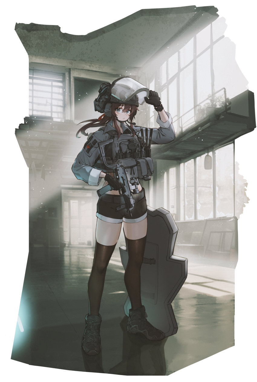1girl absurdres ammunition_pouch black_footwear black_gloves black_shorts black_thighhighs blue_eyes broken_window brown_hair closed_mouth combat_helmet commentary commission ear_protection english_commentary flashlight full_body gloves grey_jacket gun h&amp;k_mp7 hair_between_eyes hand_up helmet highres holding holding_weapon indoors jacket light_particles long_hair long_sleeves magazine_(weapon) microphone optical_sight original plate_carrier pouch shield shoes short_shorts shorts sleeves_rolled_up solo submachine_gun termichan_(not-a-bot) thighhighs trigger_discipline tuziki_sang visor_(armor) watch weapon