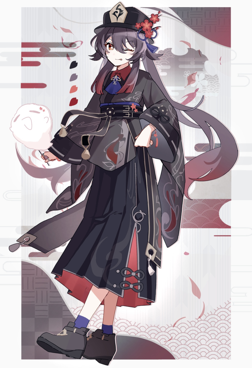 1girl :p alternate_costume breasts bright_pupils brown_hair flower flower-shaped_pupils full_body genshin_impact hair_between_eyes hat hat_tassel highres hu_tao_(genshin_impact) long_hair long_sleeves looking_at_viewer one_eye_closed red_eyes red_flower small_breasts socks solo symbol-shaped_pupils tassel tongue tongue_out utori_(tanakautori) v-shaped_eyebrows very_long_hair white_pupils wide_sleeves