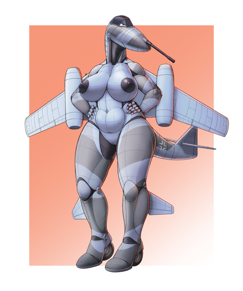 2023 absurd_res aircraft airplane angry anthro bertha_(chad012) big_breasts blue_eyes breasts chubby_female colored cross dark_nipples female genitals gradient_background grey_body grumpy hands_on_hips hi_res iron_cross jet living_aircraft living_machine living_vehicle machine me_262 messerschmitt navel ndragon3 pussy simple_background solo striped_body stripes vehicle wheels world_war_2