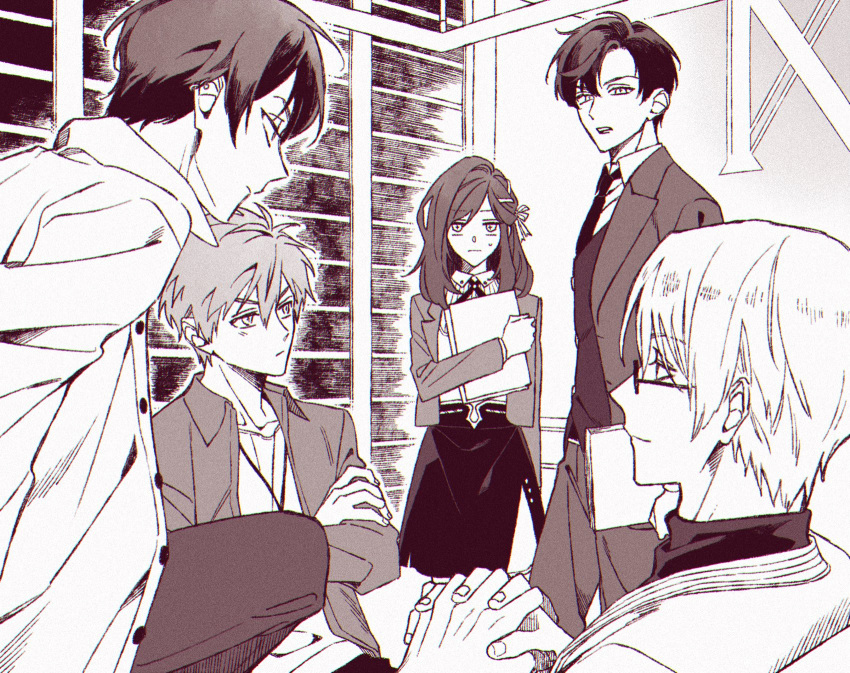 1girl 4boys artem_wing_(tears_of_themis) collared_shirt crossed_arms folder formal glasses highres holding holding_folder indoors jacket jewelry long_hair long_sleeves looking_at_viewer luke_pearce_(tears_of_themis) marius_von_hagen_(tears_of_themis) monochrome multiple_boys necklace necktie nemuiiii3_3 pants rosa_(tears_of_themis) shirt short_hair skirt tears_of_themis vest vyn_richter_(tears_of_themis) white_hair white_jacket