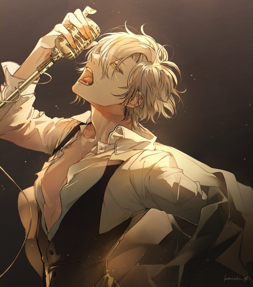 1boy collar collared_shirt fangs gradient_background half-closed_eyes highres holding holding_microphone holding_microphone_stand komichi_akina male_focus microphone microphone_stand mole mole_under_mouth music nipple_slip nipples open_clothes shirt signature singing waistcoat white_hair yellow_nails