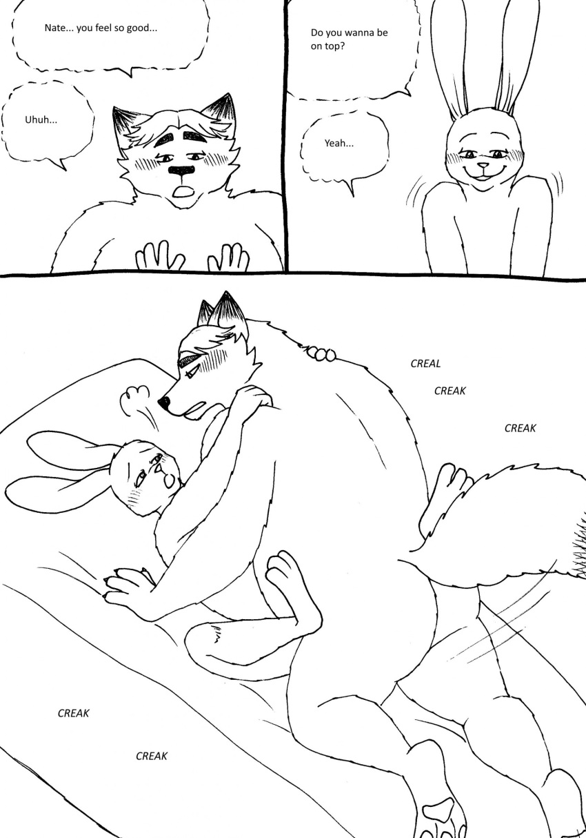 2023 anthro bed bernielover blush butt canid canine comic dialogue disney duo english_text fan_character fox furniture gideon_grey hi_res lagomorph leporid male mammal overweight overweight_male rabbit sex slightly_chubby text zootopia