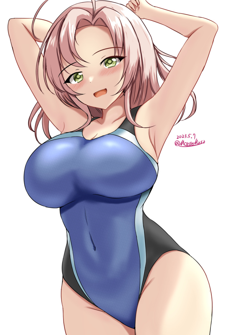 1girl antenna_hair black_one-piece_swimsuit blue_one-piece_swimsuit blush breasts competition_swimsuit covered_navel cowboy_shot dated green_eyes grey_hair highres impossible_clothes impossible_swimsuit kantai_collection kinugasa_(kancolle) kinugasa_kai_ni_(kancolle) large_breasts looking_at_viewer montemasa multicolored_clothes multicolored_swimsuit one-piece_swimsuit open_mouth simple_background smile solo swimsuit twitter_username two-tone_swimsuit white_background