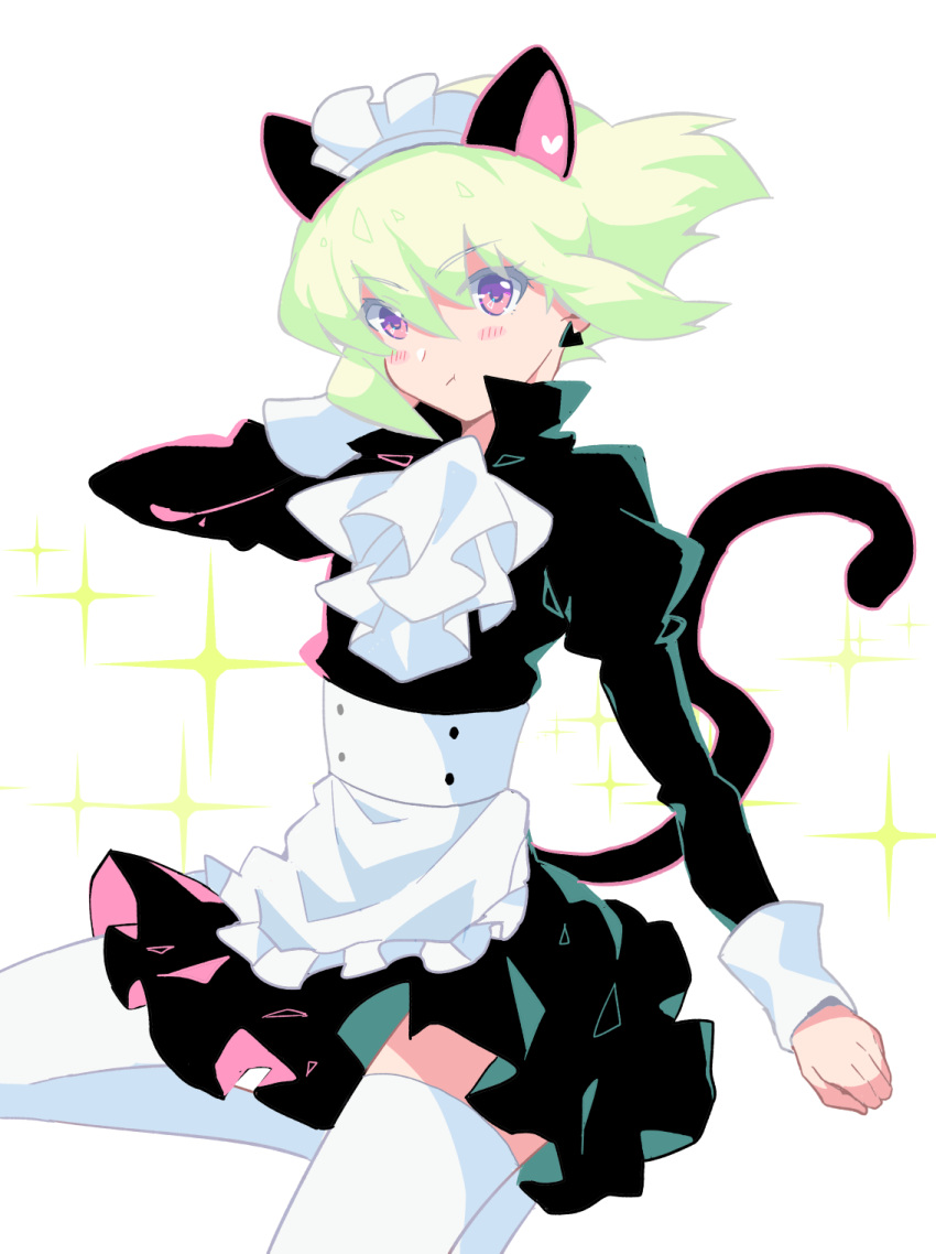 1boy :t animal_ears apron ascot blush_stickers cat_boy cat_ears cat_tail crossdressing floating_hair green_hair highres lio_fotia maid maid_apron maid_headdress male_focus otoko_no_ko promare purple_eyes short_hair simple_background solo sparkle tail thighhighs unakura white_ascot white_background white_thighhighs zettai_ryouiki