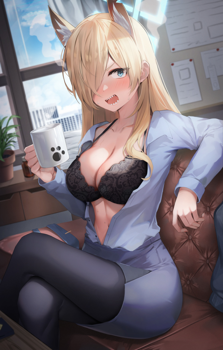 1girl animal_ear_fluff animal_ears black_pantyhose blonde_hair blue_archive blue_eyes blue_shirt blurry blush bra breasts building cleavage coffee coffee_mug collarbone collared_shirt commentary couch crossed_legs cup depth_of_field dog_ears dog_girl extra_ears hair_over_one_eye halo highres holding holding_cup indoors kanna_(blue_archive) lace-trimmed_bra lace_trim large_breasts long_hair long_sleeves looking_at_viewer midriff mug navel on_couch open_clothes open_mouth open_shirt pantyhose police police_uniform policewoman sharp_teeth shirt shuvi_(shuvi1125) sidelocks sitting skirt skyscraper solo teeth underwear uniform window