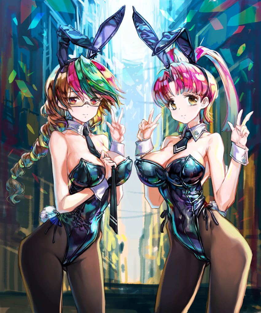 2girls absurdres animal_ears antenna_hair betterman black_leotard black_necktie black_pantyhose bow bowtie braid breasts brown_eyes brown_hair cleavage detached_collar double_v greatwhite1122 green_hair hakaiou:_gaogaigar_vs._betterman highres large_breasts leotard long_hair multicolored_hair multiple_girls necktie pantyhose pink_hair playboy_bunny ponytail rabbit_ears rabbit_tail red_eyes sai_hinoki single_braid standing strapless strapless_leotard tail utsugi_mikoto v wrist_cuffs yuusha_ou_gaogaigar yuusha_series