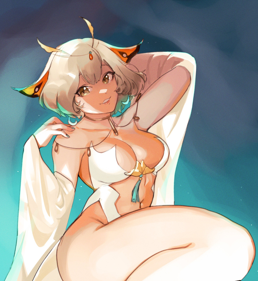 1girl absurdres antennae arthropod_girl breasts commentary english_commentary hair_between_eyes highres indie_virtual_youtuber leotard looking_at_viewer medium_breasts moth_girl navel parted_lips sanagi_yuzu short_hair smile solo teeth thernz virtual_youtuber