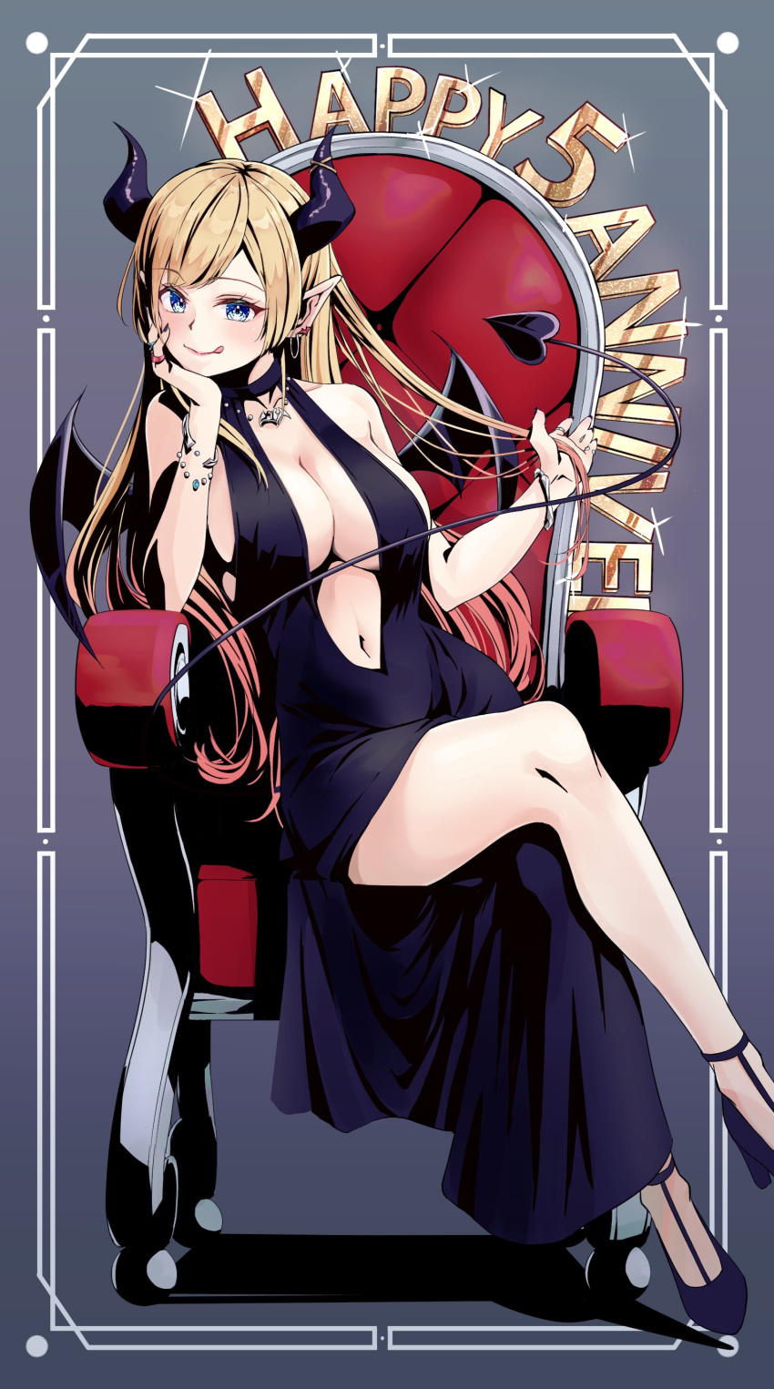 1girl 5to_rai :p absurdres bat_earrings bat_necklace bat_wings black_dress black_footwear blonde_hair blue_eyes bracelet breasts chair cleavage demon demon_horns demon_tail demon_wings dress earrings hand_on_own_chin high_heels highres hololive hoop_earrings horns jewelry large_breasts long_hair navel necklace pointy_ears revealing_clothes ring shoes simple_background sitting solo tail thighs tongue tongue_out virtual_youtuber wings yuzuki_choco