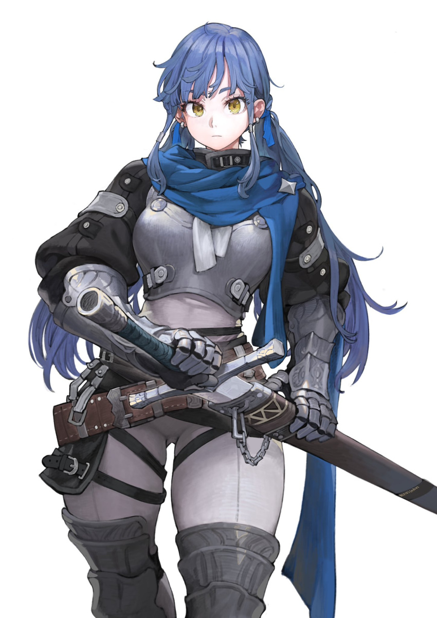 1girl armor armored_boots armored_gloves ass_visible_through_thighs blue_hair blue_scarf bodysuit boots breastplate breasts earrings greaves highres holding holding_sword holding_weapon hoop_earrings jewelry jun_(seojh1029) large_breasts long_bangs long_hair looking_at_viewer low_twintails original scarf sheath skindentation solo standing sword thick_thighs thigh_strap thighs twintails unsheathing weapon white_background white_bodysuit yellow_eyes