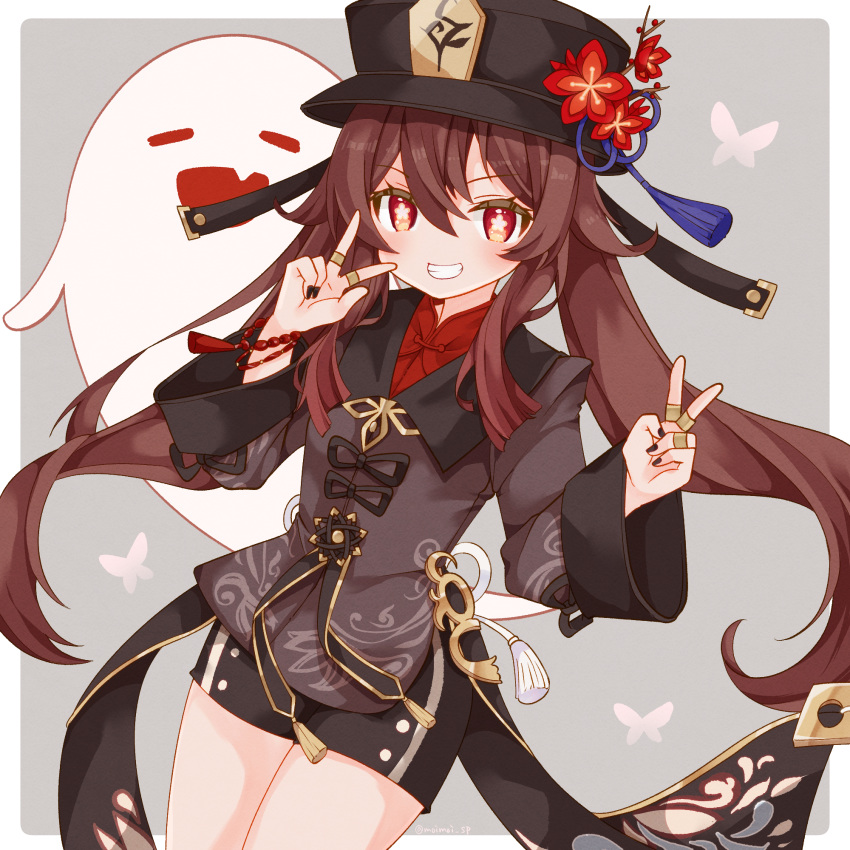 1girl black_headwear black_nails black_shorts blush boo_tao_(genshin_impact) border bright_pupils brown_coat brown_hair coat coattails cowboy_shot flower flower-shaped_pupils genshin_impact ghost grey_background grin hat hat_flower hat_tassel highres hu_tao_(genshin_impact) jewelry light_blush long_hair long_sleeves looking_at_viewer multiple_rings no_nose orange_eyes red_flower ring saekiya_sabou shorts simple_background smile solo symbol-shaped_pupils twintails v w white_border white_pupils