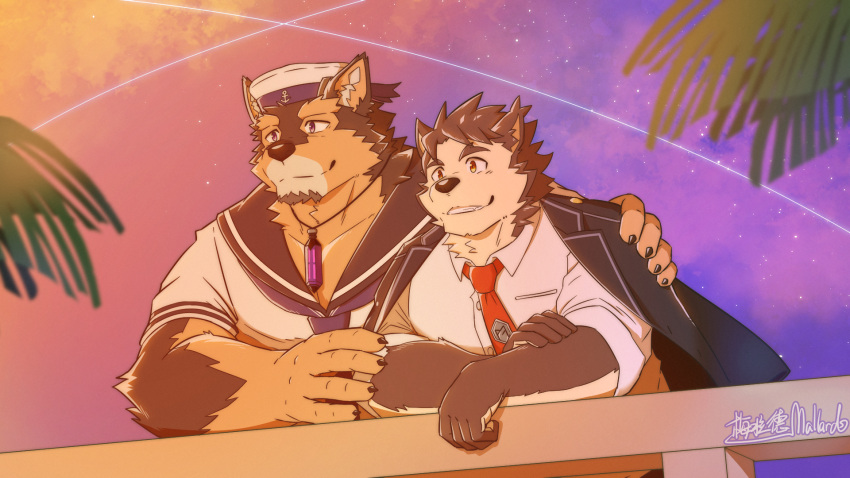 2boys anchor_print animal_ears bara brown_fur couple dog_boy dog_ears facial_hair furry furry_male furry_with_furry goatee hand_on_another's_arm hand_on_another's_shoulder hat highres live_a_hero male_focus male_protagonist_(live_a_hero) mallards multiple_boys muscular muscular_male necktie pectoral_cleavage pectorals pubraseer_(live_a_hero) red_necktie sailor sailor_collar sailor_hat sailor_shirt shirt shooting_star short_hair sky smile star_(sky) starry_sky sunset thick_eyebrows two-tone_fur yaoi