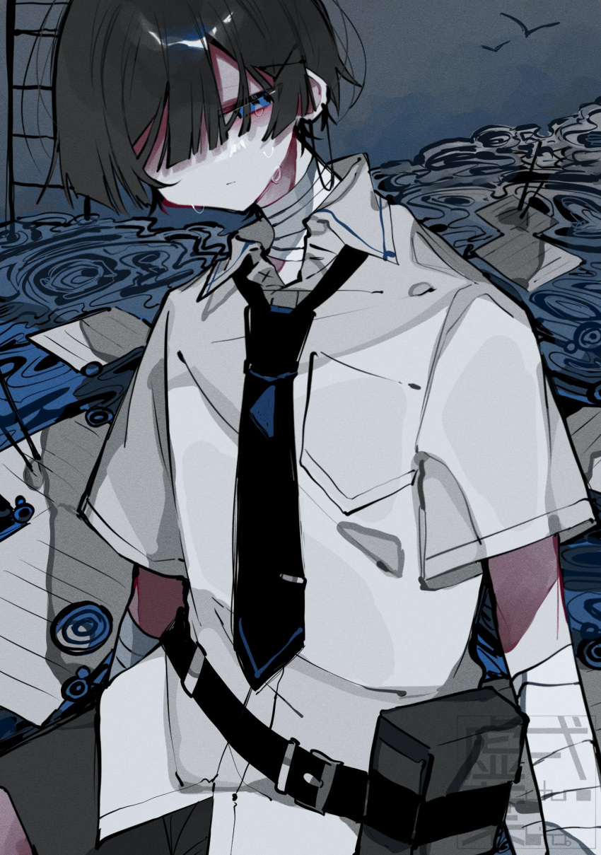 1boy bag bandaged_neck bandages bishounen black_necktie blue_eyes copyright_request cowboy_shot crying hair_over_one_eye highres male_focus necktie original satchel shirt short_hair shorts solo tagme tears uniform uturoha_hito. white_shirt