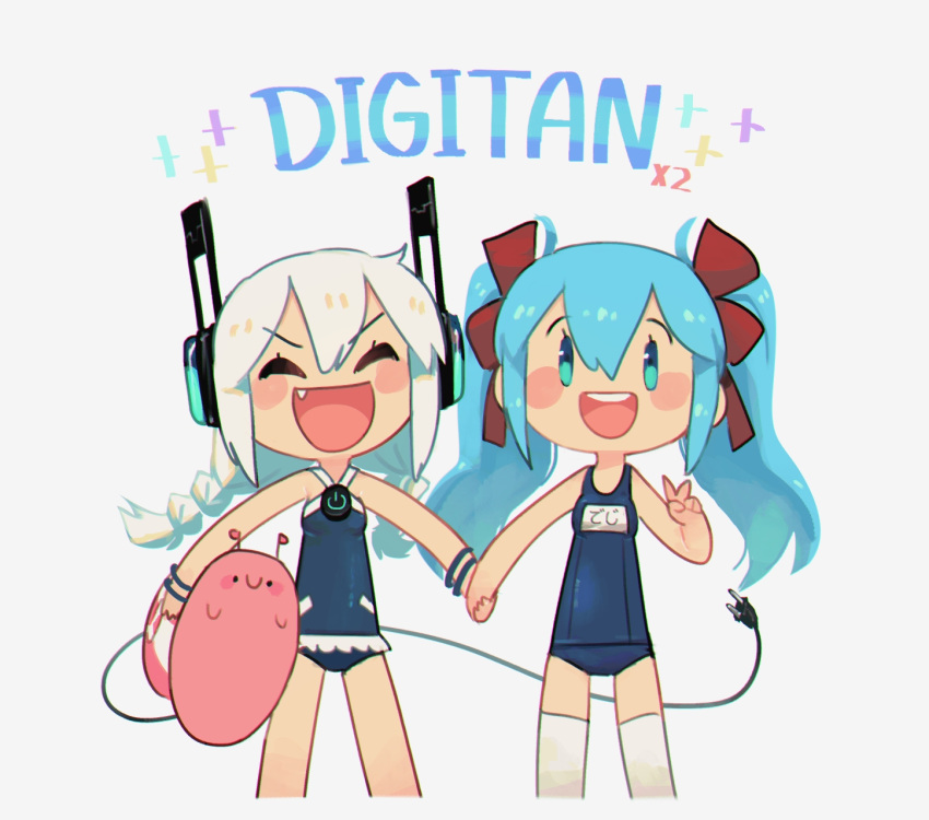 2girls :d ^_^ aqua_eyes bare_arms bare_shoulders blue_hair blue_one-piece_swimsuit blush bracelet braid breasts casual_one-piece_swimsuit chibi closed_eyes digitan digitan_(porforever) fang grey_background hair_between_eyes hair_ribbon happy headphones highres jewelry long_hair looking_at_viewer multiple_girls old_school_swimsuit one-piece_swimsuit open_mouth original porforever power_symbol red_ribbon ribbon school_swimsuit simple_background small_breasts smile snail swimsuit tail thighhighs twin_braids twintails white_hair white_thighhighs