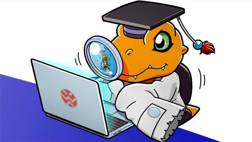 agumon_hakase artist_request computer digimon digimon_(creature) hat holding holding_magnifying_glass lab_coat laptop magnifying_glass mortarboard no_humans official_art sleeves_past_fingers sleeves_past_wrists