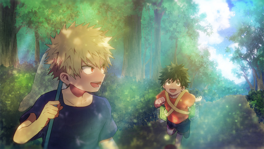 2boys :d aged_down bakugou_katsuki black_shorts blonde_hair bloom blue_shirt blue_sky blurry boku_no_hero_academia box bush butterfly_net clenched_hand cloud cloudy_sky collarbone commentary container dappled_sunlight day foliage forest freckles green_eyes green_hair hair_between_eyes hand_net hand_up hands_up happy holding holding_butterfly_net light looking_at_another looking_back male_child male_focus midoriya_izuku moidamoimoi multiple_boys nature open_mouth orange_shirt pac-man_eyes red_eyes road running sanpaku shirt short_hair short_sleeves shorts shoulder_strap sky smile spiked_hair sunlight tree turning_head upper_body v-shaped_eyebrows vanishing_point