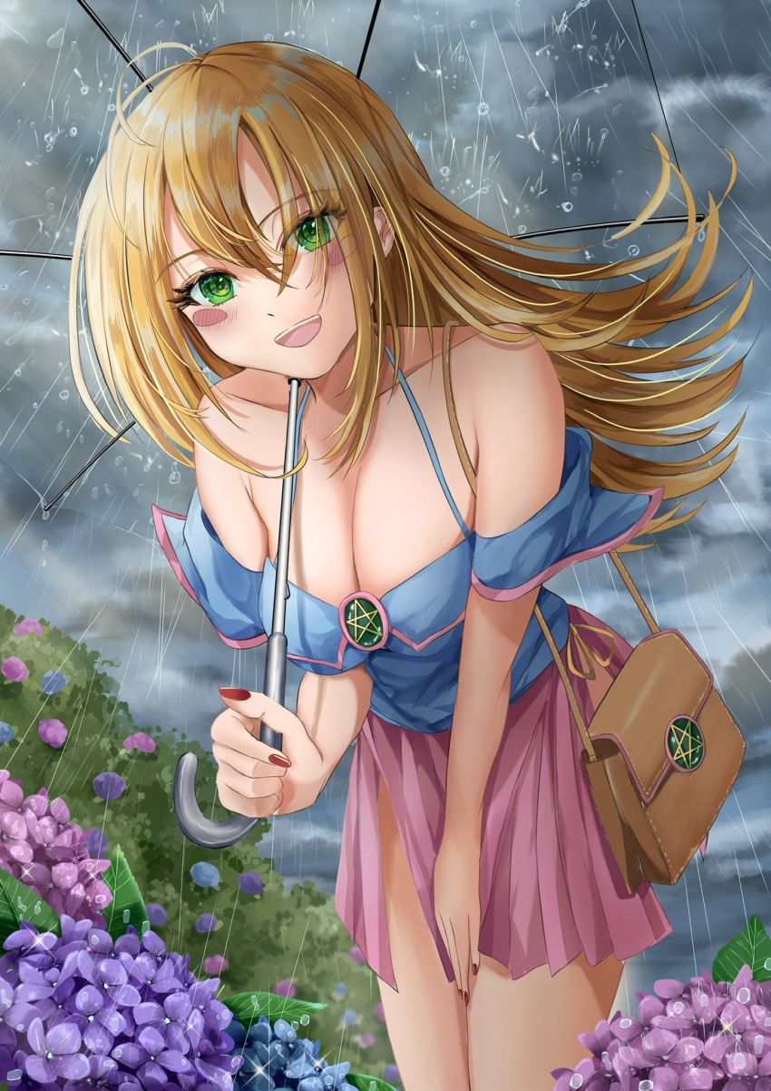 1girl ahoge bag bare_shoulders blonde_hair blush breasts bush cleavage cloud collarbone dark_clouds dark_magician_girl flower green_eyes hair_between_eyes handbag highres holding holding_umbrella hydrangea large_breasts long_hair looking_at_viewer misakura_aoi nail_polish off_shoulder open_mouth outdoors pentacle pink_skirt pleated_skirt rain skirt solo thighhighs transparent transparent_umbrella umbrella water_drop wet yu-gi-oh! yu-gi-oh!_duel_monsters