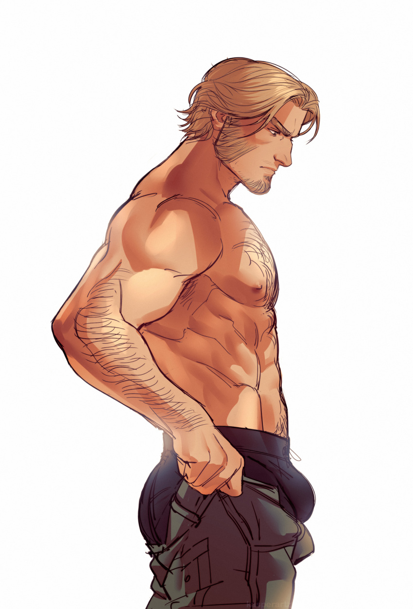 1boy abs absurdres arm_hair bara bulge bulge_lift chest_hair dressing facial_hair feet_out_of_frame from_side goatee hairy highres i've_never_seen_a_guy_recreate_this_successfully_tbh_(meme) kasper_artz large_pectorals light_brown_hair long_sideburns looking_at_bulge male_focus mature_male meme muscular muscular_male mutton_chops navel_hair nipples original pants_lift parted_bangs pectorals short_hair sideburns solo standing thick_eyebrows topless_male undersized_clothes william_(kasper)