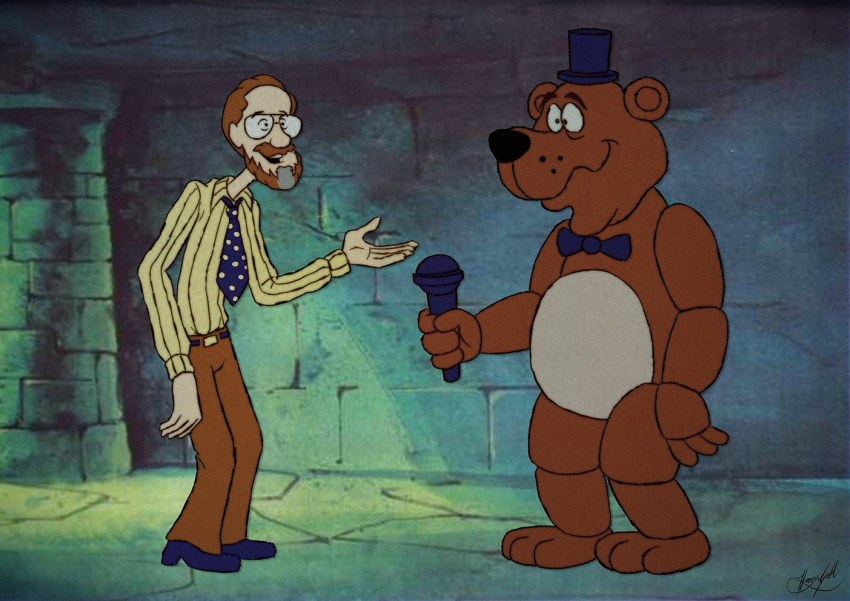 anthro bear bow_tie clothing crossover duo eyewear five_nights_at_freddy's glasses hanna-barbera harry_gold hat headgear headwear human humor male mammal microphone necktie parody scooby-doo scooby-doo_(series) scottgames screencap screencap_background shaggy_rogers signature top_hat