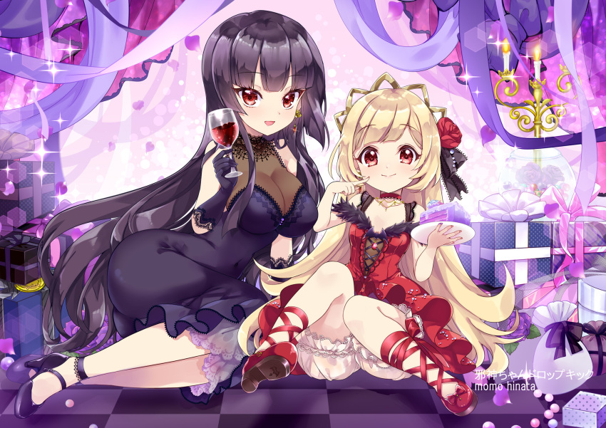 2girls alcohol artist_name ass atre black_hair blonde_hair bloomers blush breasts cake cleavage closed_mouth cup drinking_glass earrings ecute flower food hair_flower hair_ornament highres hinata_momo jashin-chan_dropkick jewelry large_breasts long_hair looking_at_viewer multiple_girls open_mouth red_eyes rose sitting small_breasts smile white_bloomers wine wine_glass