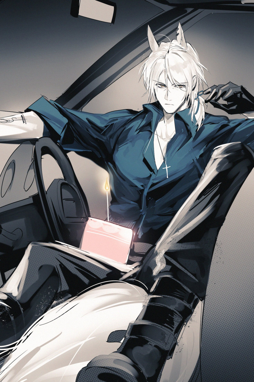 1boy animal_ears arknights birthday_cake blonde_hair boots cake candle car cross cross_necklace food full_body gloves highres horse_boy horse_ears horse_tail jewelry knee_up male_focus mlynar_(arknights) monochrome motor_vehicle necklace open_clothes open_shirt pienahenggou plate short_hair sketch solo steering_wheel tail