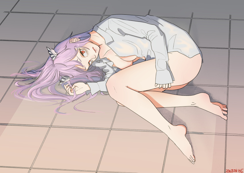 1girl absurdres animal_ears ass bags_under_eyes bare_legs barefoot blush bottomless breasts cat_ears coat collarbone commentary dated english_commentary feet full_body girls'_frontline highres lab_coat long_hair long_sleeves looking_at_viewer lying medium_breasts messy_hair naked_labcoat on_floor on_side open_clothes open_coat parted_lips persica_(girls'_frontline) pink_hair radish_p red_eyes signature solo tile_floor tiles toes