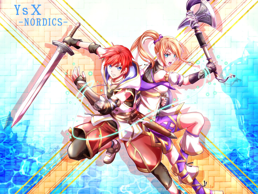 1boy 1girl adol_christin arm_guards axe back-to-back battle_axe blonde_hair blue_eyes braid buckler english_text falcom hair_between_eyes highres holding holding_axe holding_shield holding_sword holding_weapon hood hoodie karja_balta ponytail red_hair sandals shield shoes side_braid single_braid sneakers swept_bangs sword weapon xiacheng_tatsuya ys ys_x_nordics