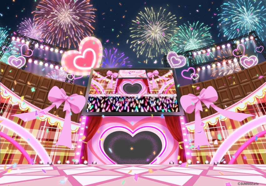 absurdres aerial_fireworks concert confetti fireworks heart highres night night_sky no_humans original ribbon scenery sky stage stage_lights sunrise_arte valentine