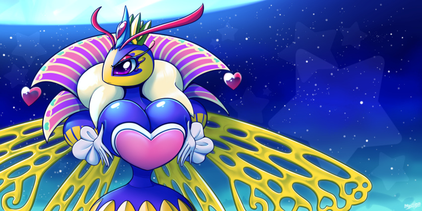 antennae_(anatomy) anthro arthropod bee big_breasts blue_body breasts cleavage clothed clothing crown female headgear hi_res hymenopteran insect kirby_(series) kirby_triple_deluxe latiar nintendo purple_eyes queen_sectonia solo star wings