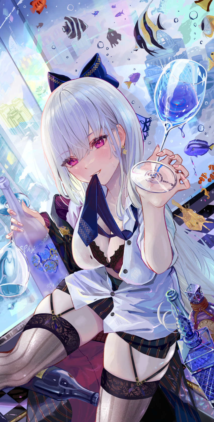 1girl absurdres black_garter_straps black_thighhighs blue_bow blue_necktie blush bottle bow bra bra_peek breasts cleavage commentary cup drinking_glass earrings fish fish_earrings frosted_glass garter_straps glass_bottle hair_bow highres holding holding_bottle holding_cup ito_lab jewelry lace-trimmed_bra lace_trim long_hair looking_at_viewer mouth_hold necktie necktie_in_mouth original partially_unbuttoned purple_eyes shirt skindentation skirt solo striped striped_skirt striped_thighhighs sweat teeth thighhighs tropical_fish underwear vertical-striped_skirt vertical-striped_thighhighs vertical_stripes white_hair white_shirt wine_bottle