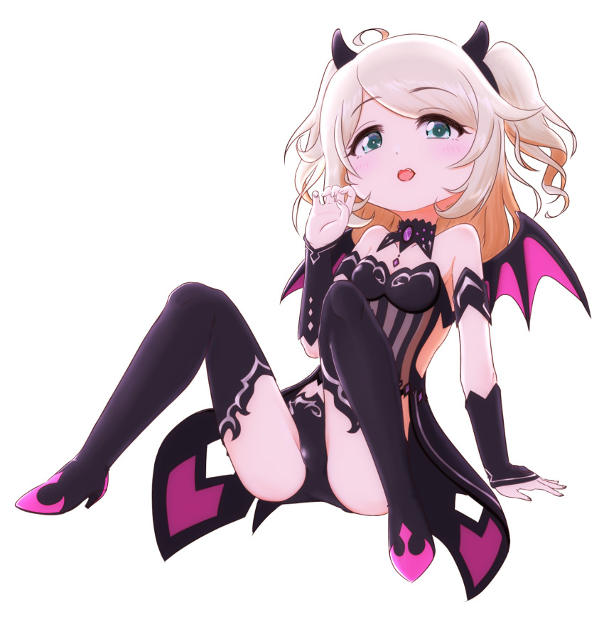 1girl ahoge alternate_hairstyle arm_support bare_shoulders bikini black_bikini black_collar black_hairband black_sleeves black_thighhighs blonde_hair blush bow claw_pose collar demon_horns demon_wings detached_collar detached_sleeves dot_nose e_sen_a1000 fake_horns fake_wings flat_chest full_body green_eyes hair_bow hairband hand_up highres horns idolmaster idolmaster_cinderella_girls idolmaster_cinderella_girls_starlight_stage idolmaster_starlit_season knees_up long_hair looking_at_viewer open_mouth simple_background sitting smile solo spread_legs swimsuit tail thighhighs twintails two_side_up white_background wings yusa_kozue