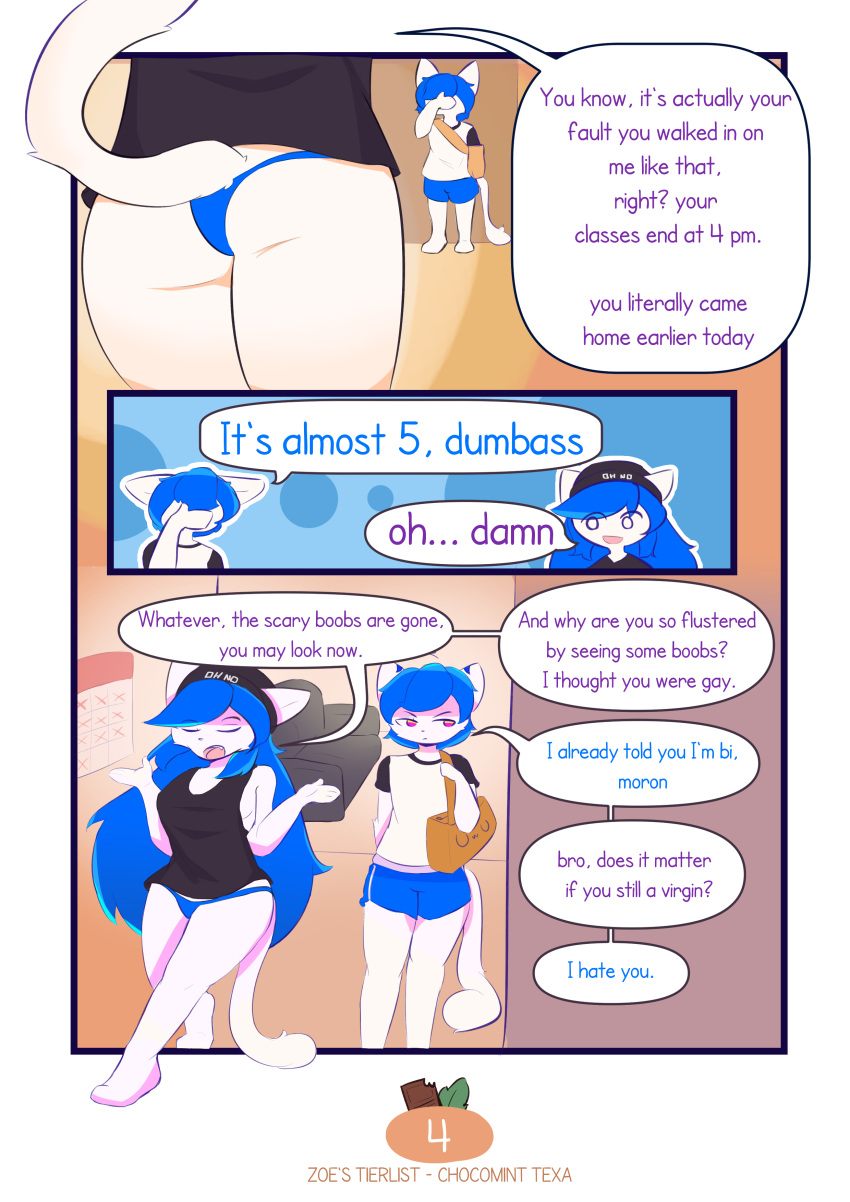 absurd_res annoyed anthro bag baggy_clothing beanie black_clothing black_shirt black_tank_top black_topwear blue_bottomwear blue_clothing blue_panties blue_shorts blue_underwear bottomwear butt butt_shot calendar chibi chocomint_texa clothing comic covering covering_eyes covering_face dialogue domestic_cat duo english_text felid feline felis female fur furniture gesture hat headgear headwear hi_res humor long_tail male male/female mammal multicolored_eyes open_mouth panties shaded shirt shorts shrug sofa solo speech_bubble tail tank_top texa text topwear underwear walking white_body white_clothing white_fur white_shirt white_topwear zoe_(texaaa)